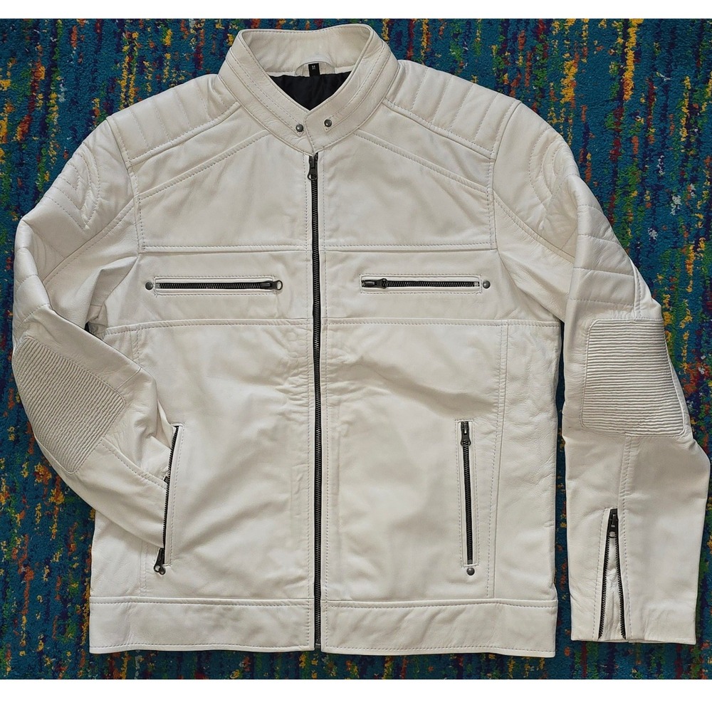 NWOT Decrum Cafe Racer Moto Jacket Cream White Lamb Leather Mens Size M